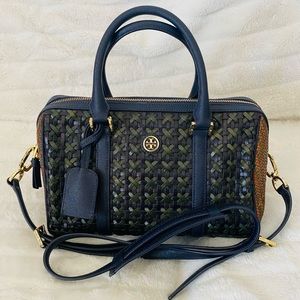 Tory Burch woven basket weave satchel/tote-navy blue/green leather